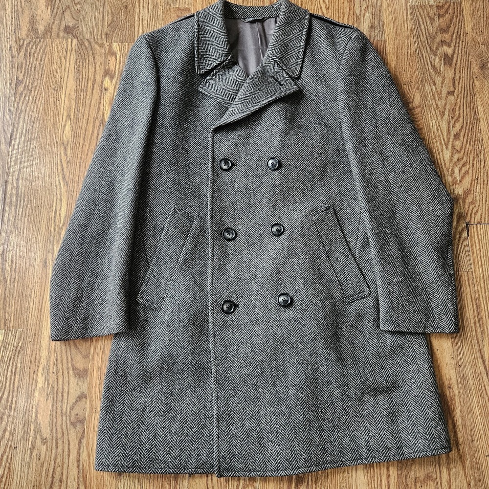 VTG John Christian Dark Gray Overcoat Wool Coat L44  Herringbone Double Breasted